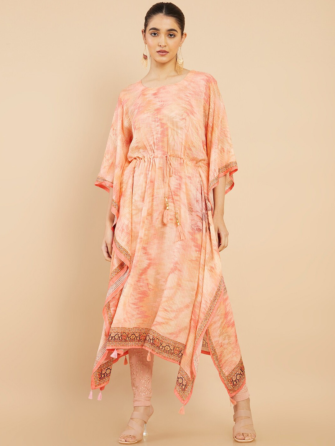 

Soch Women Peach-Coloured Printed Gotta Patti Pastels Kaftan Kurta