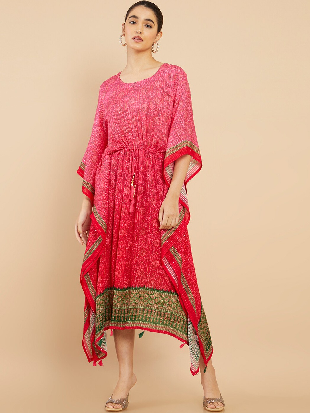 

Soch Women Pink Ethnic Motifs Printed Flared Sleeves Kaftan Kurta