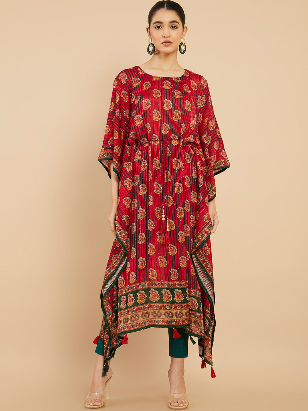 

Soch Women Red Ethnic Motifs Printed Flared Sleeves Kaftan Kurta