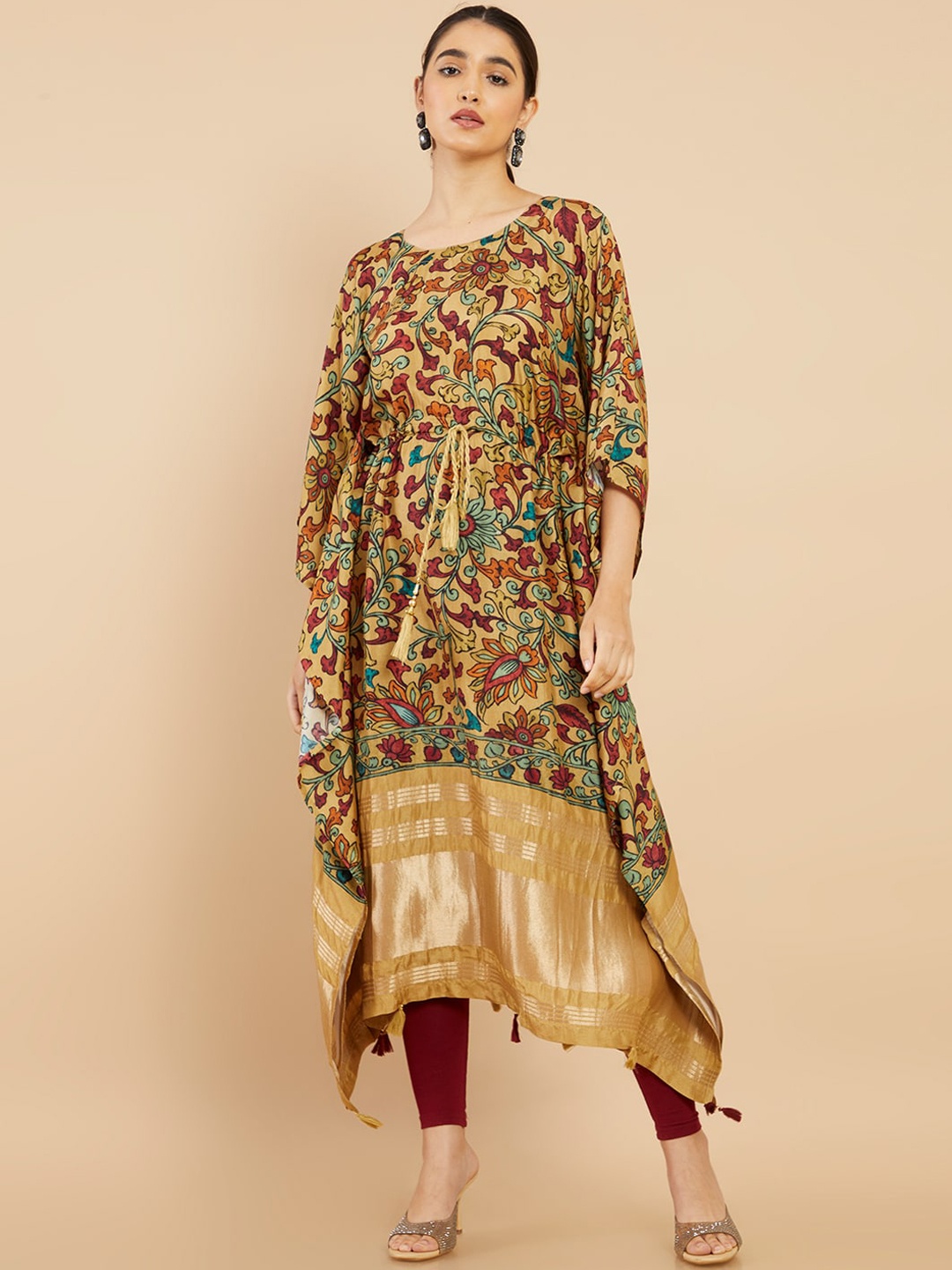 

Soch Women Brown & Mustard Yellow Floral Printed Flared Sleeves Kaftan Kurta