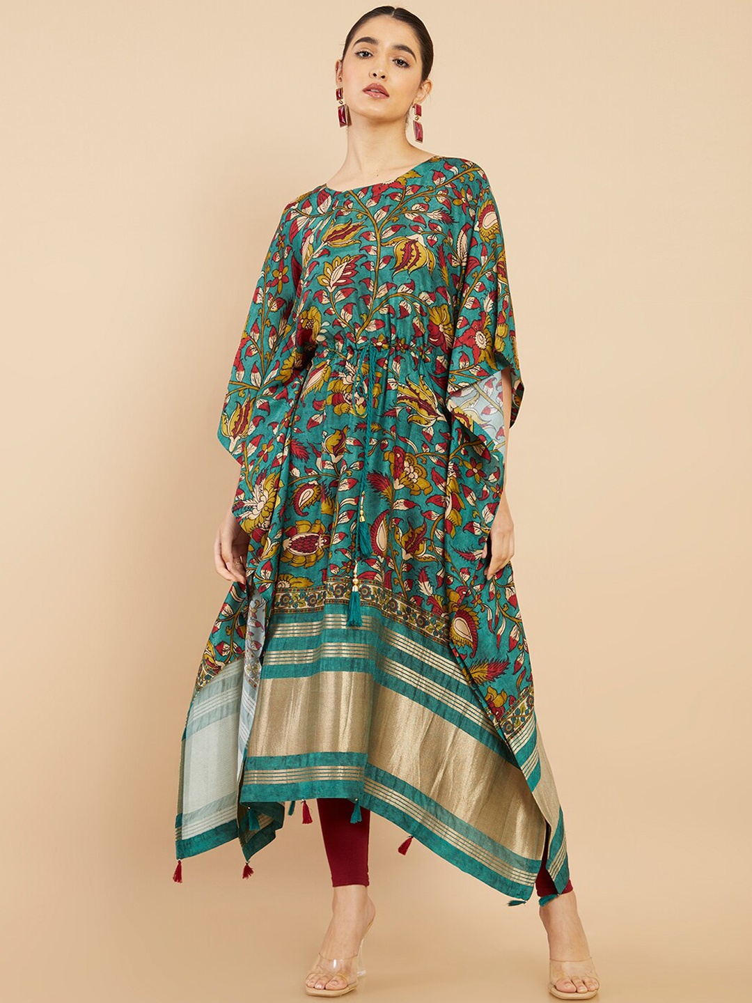 

Soch Women Green & Gold-Toned Floral Printed Flared Sleeves Kaftan Kurta
