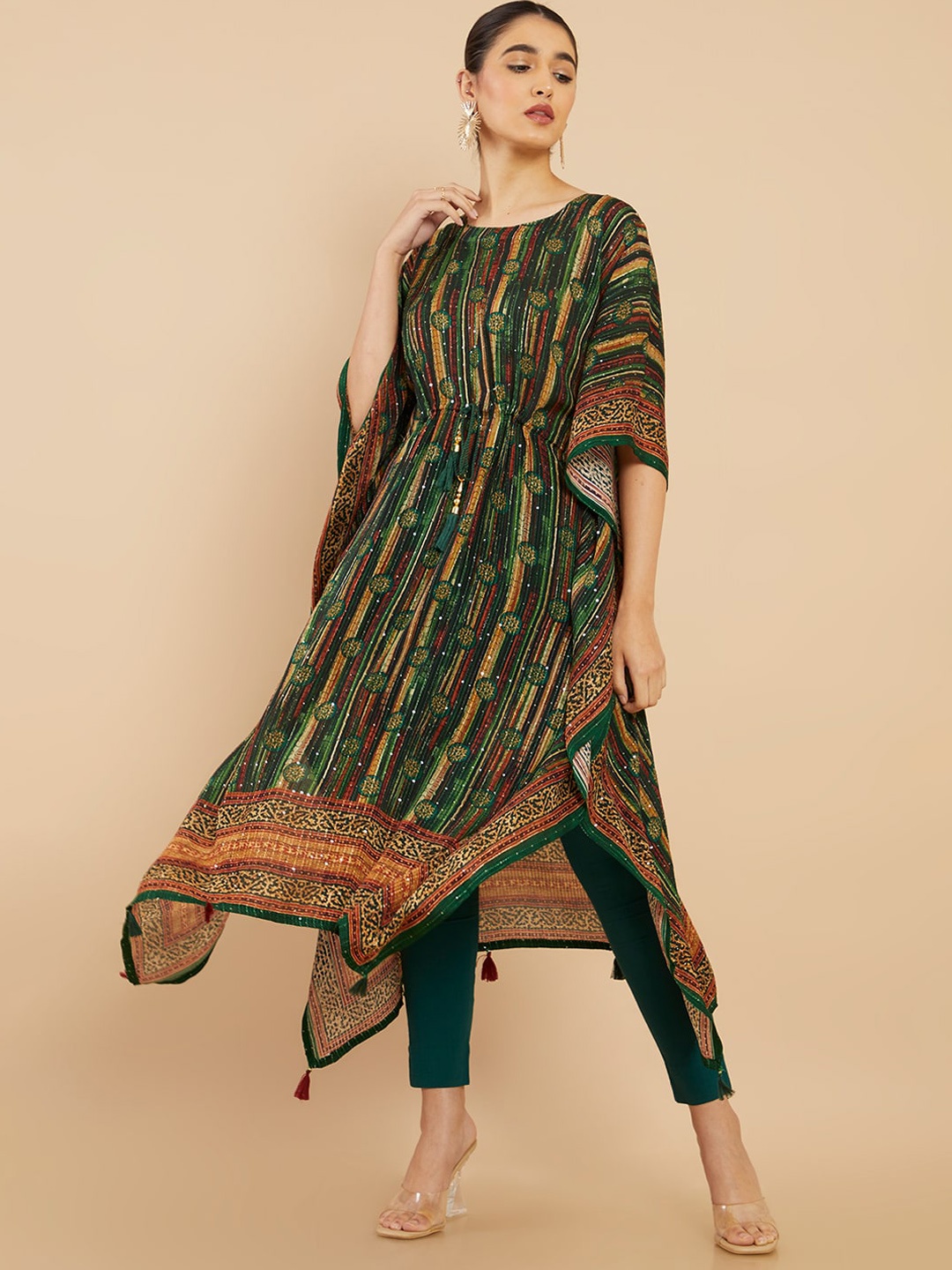 

Soch Women Green Striped Kaftan Kurta