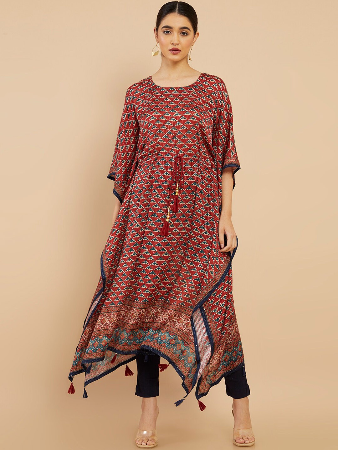 

Soch Women Maroon Geometric Printed Flared Sleeves Kaftan Kurta