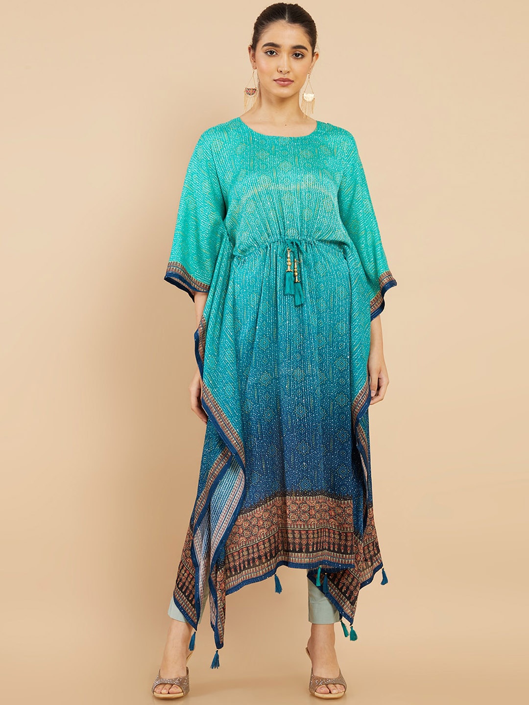 

Soch Women Turquoise Blue Printed Flared Sleeves Kaftan Cotton Kurta