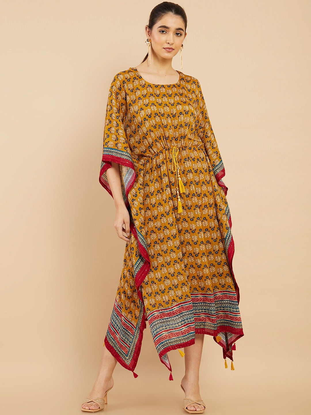 

Soch Women Mustard Yellow Printed Flared Sleeves Kaftan Kurta