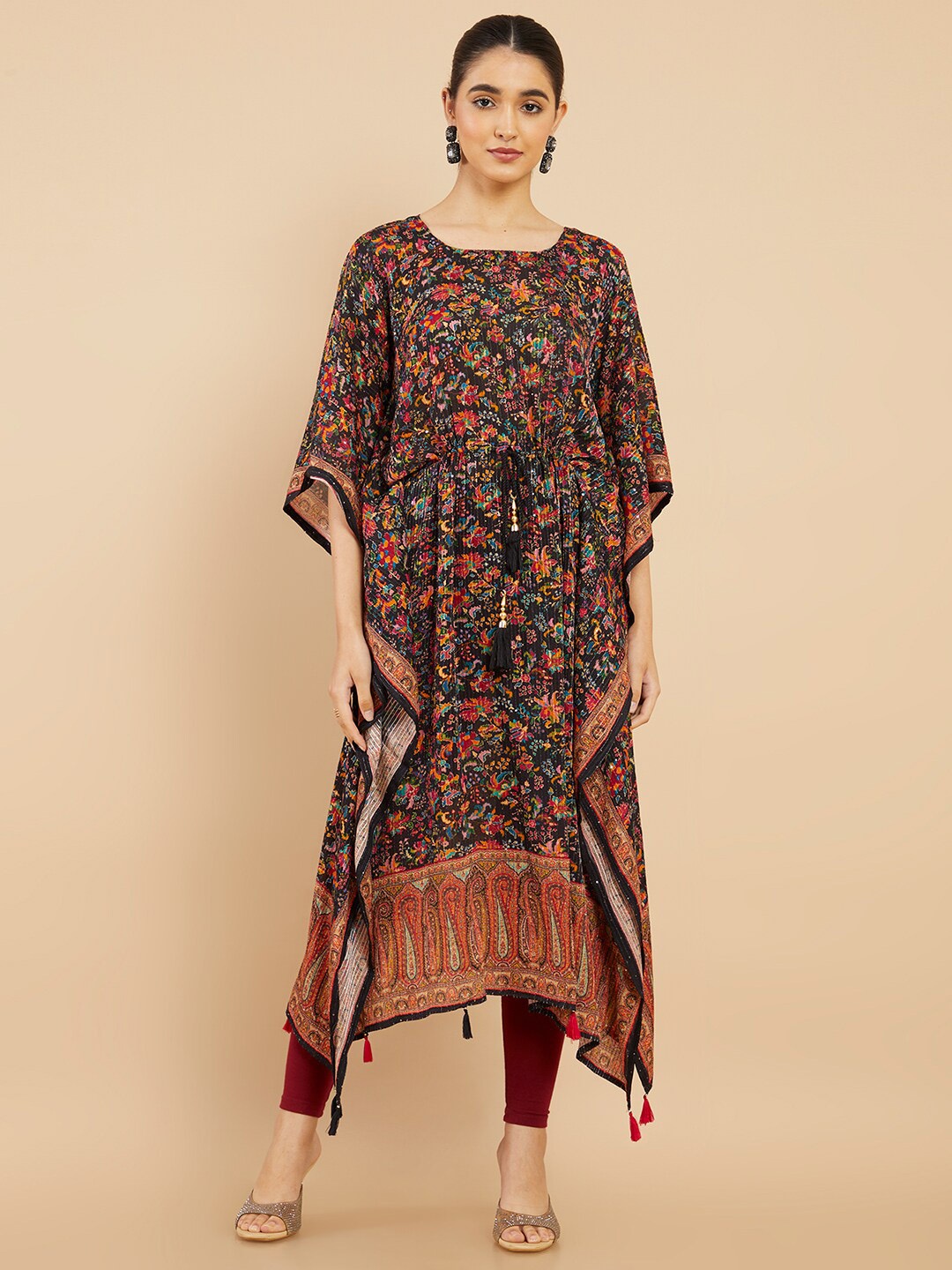 

Soch Women Black & Orange Floral Printed Flared Sleeves Kaftan Kurta