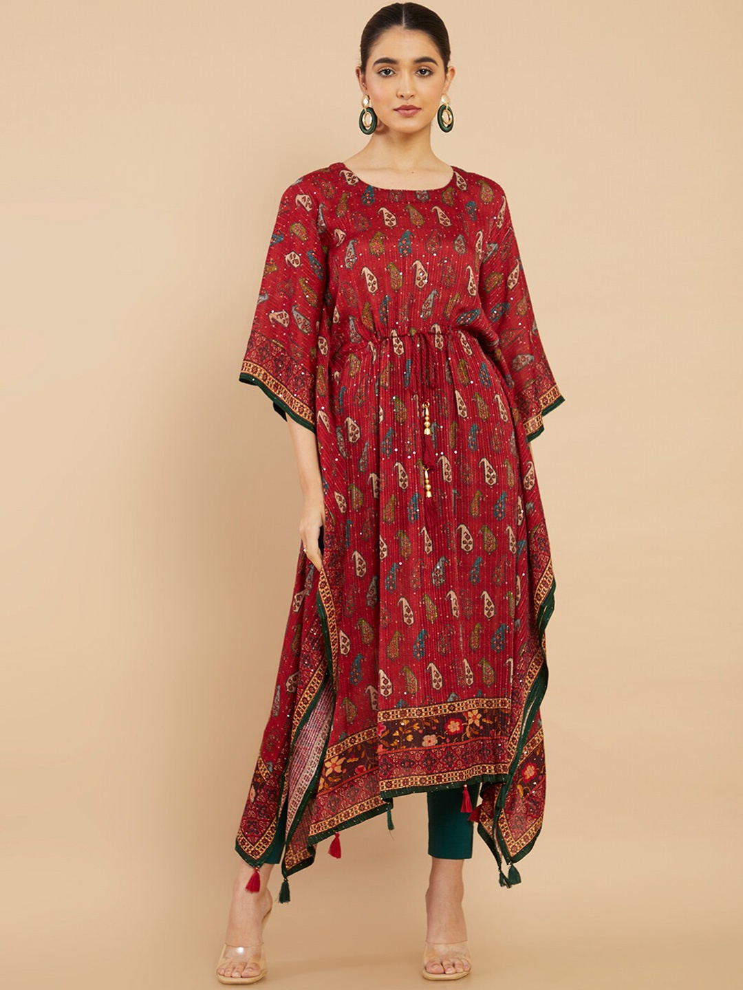 

Soch Women Maroon Paisley Printed Flared Sleeves Kaftan Kurta