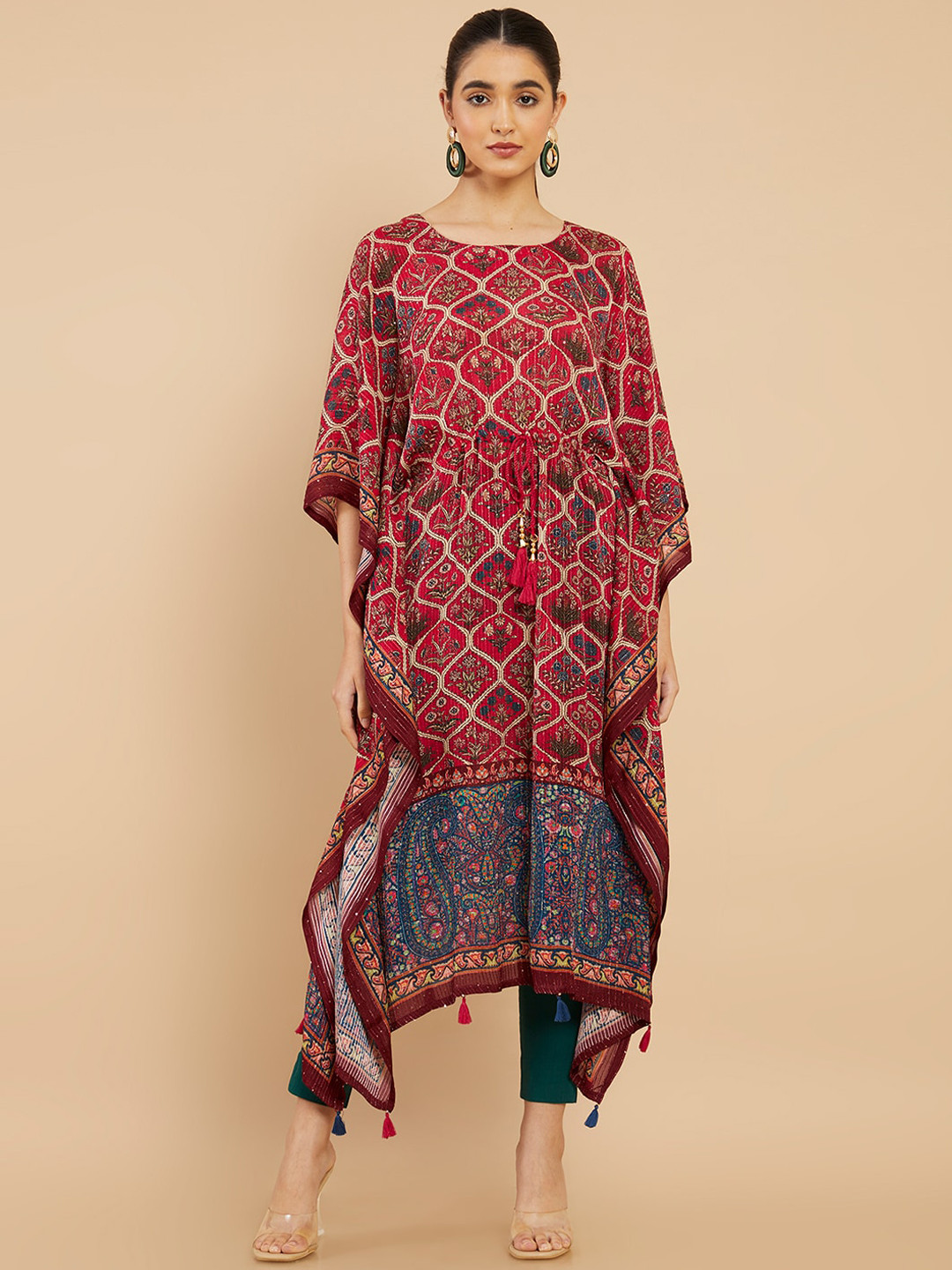 

Soch Women Maroon Ethnic Motifs Printed Flared Sleeves Kaftan Kurta