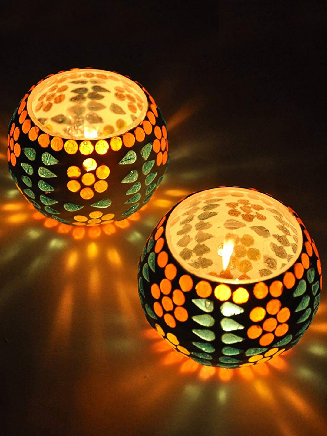 

TIED RIBBONS Set of 2 Mosaic Glass Tea Light Candle Holders, Multi