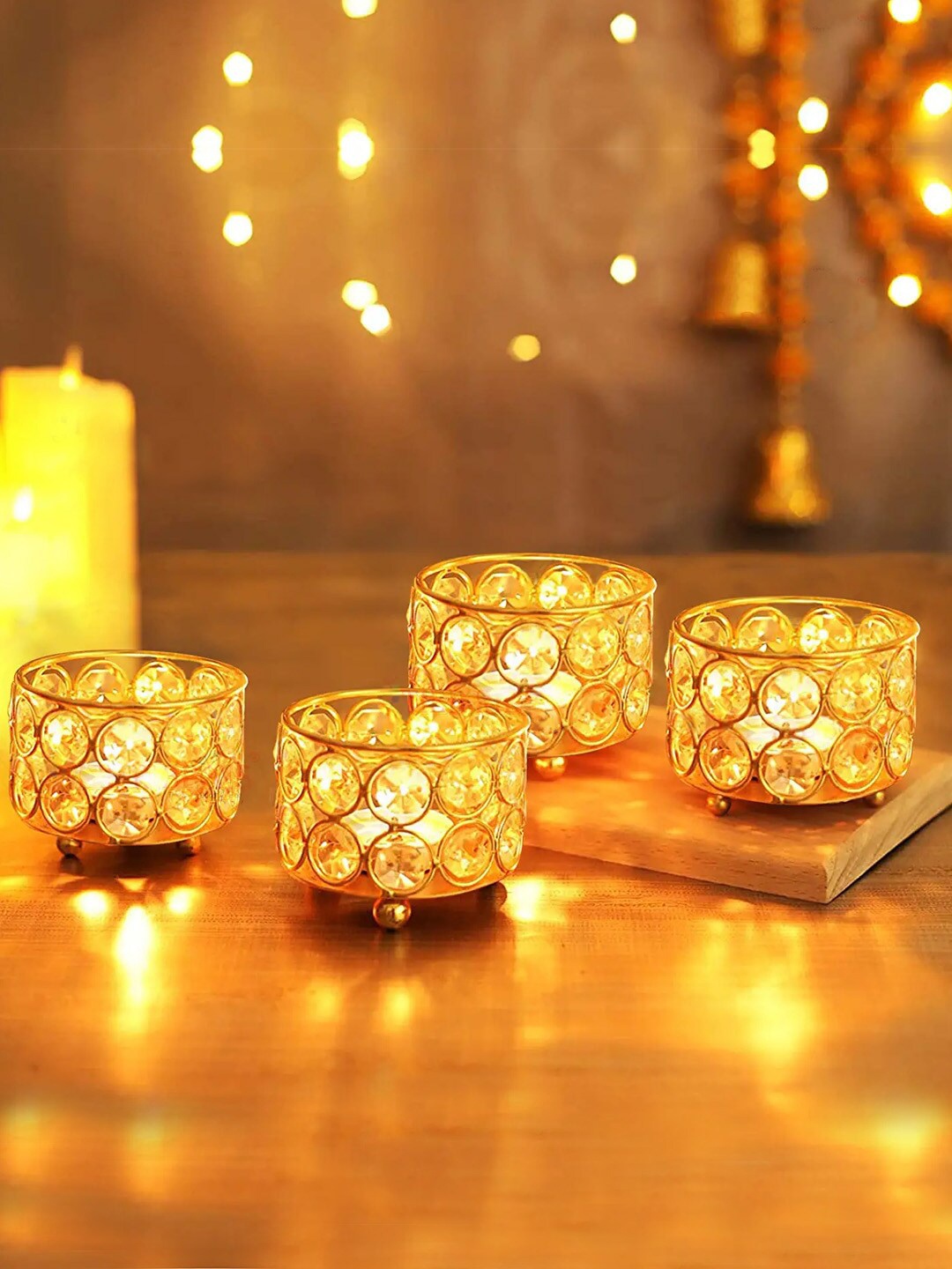 

TIED RIBBONS Pack Of 4 Gold Crystal Studded Tealight Candle Holder