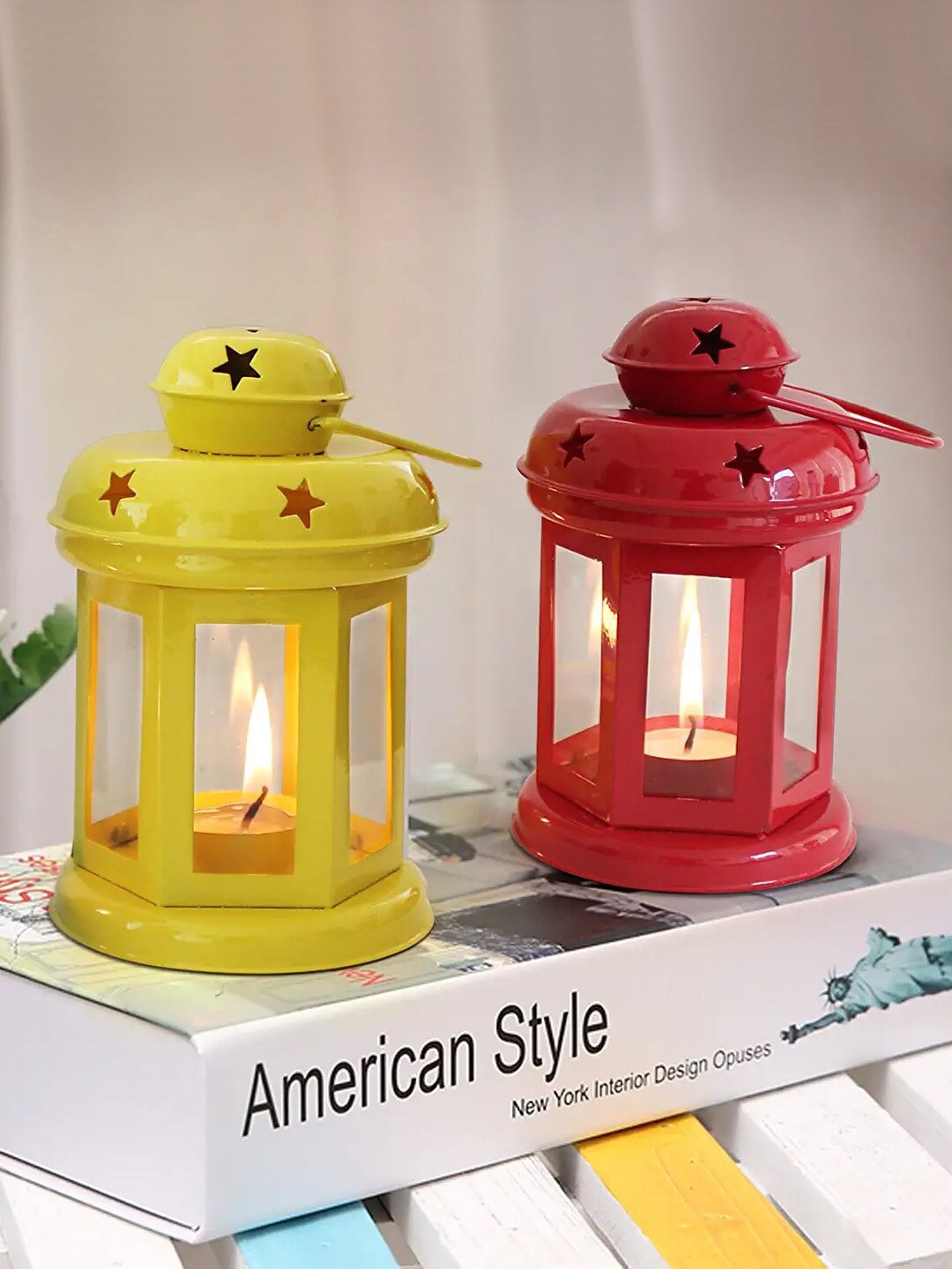 

TIED RIBBONS Set Of 2 Yellow & Red Lantern Candle Holder