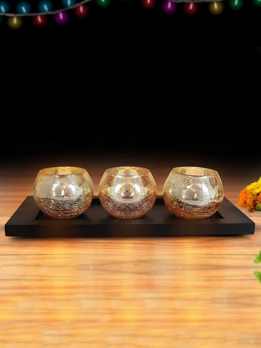 

TIED RIBBONS Set of 3 Mosaic Glass Tea Light Candle Holder, Brown