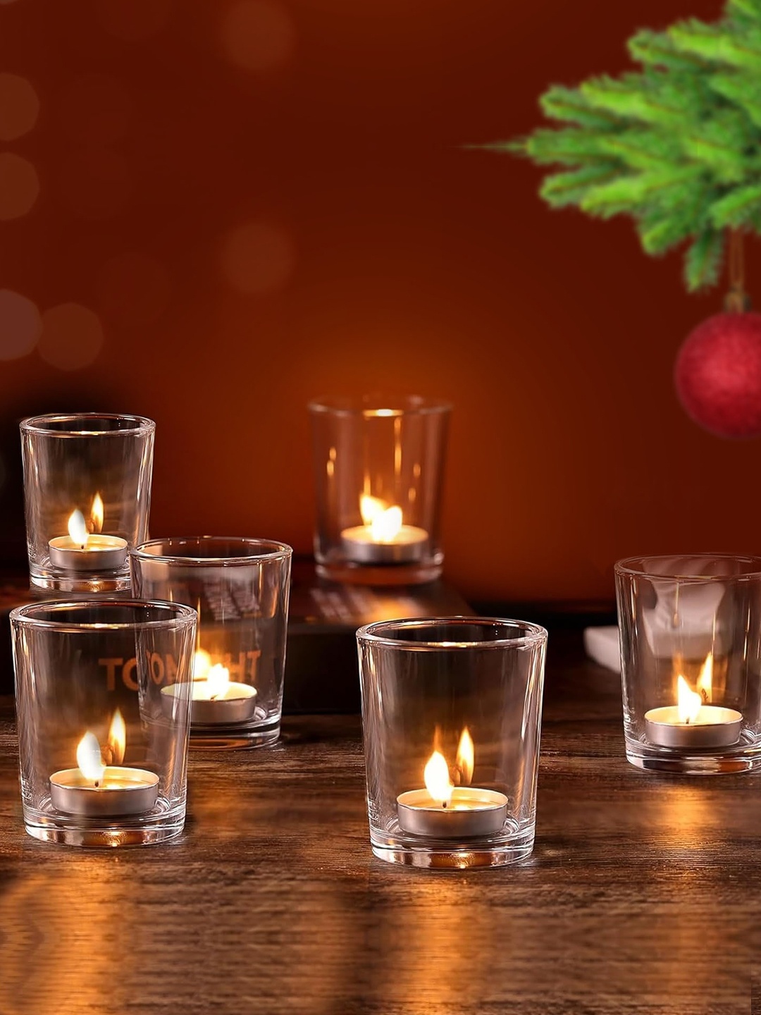 

TIED RIBBONS Set of 6 Glass Votive Tea Light Candle Holders, Transparent