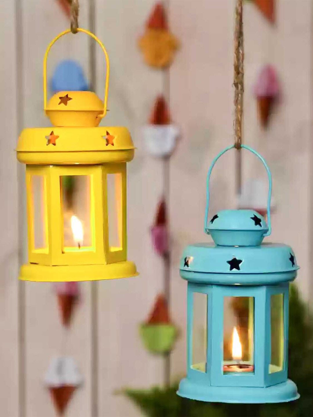 

TIED RIBBONS Set of 2 Yellow & Blue Lantern Tealight Candle Holder