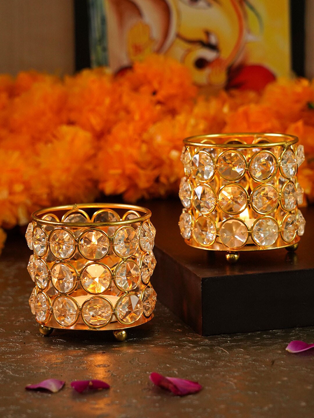 

TIED RIBBONS Set Of 2 Gold-Toned Crystal Studded Tealight Candle Holder