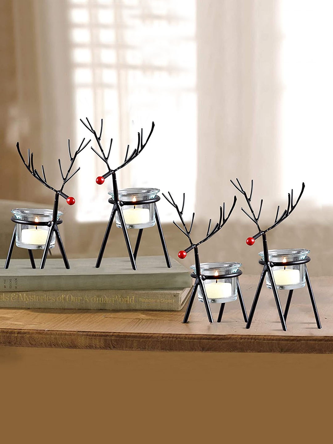 

TIED RIBBONS Set of 4 Black Reindeer Tealight Candle Holders