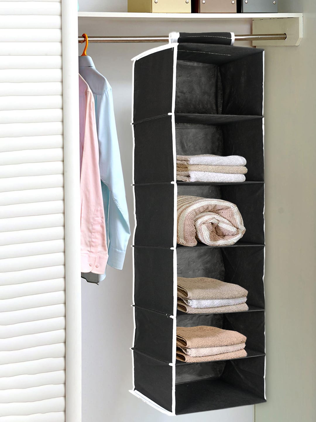 

Kuber Industries Black Solid Shelf Closet Hanging Organizer
