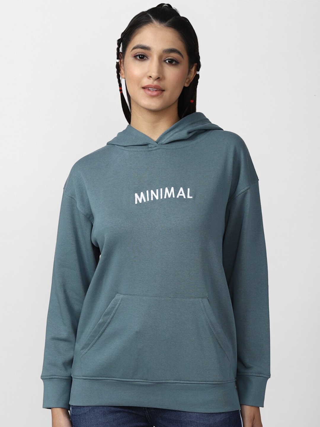 

FOREVER 21 Women Green Solid Cotton Hooded Sweatshirt