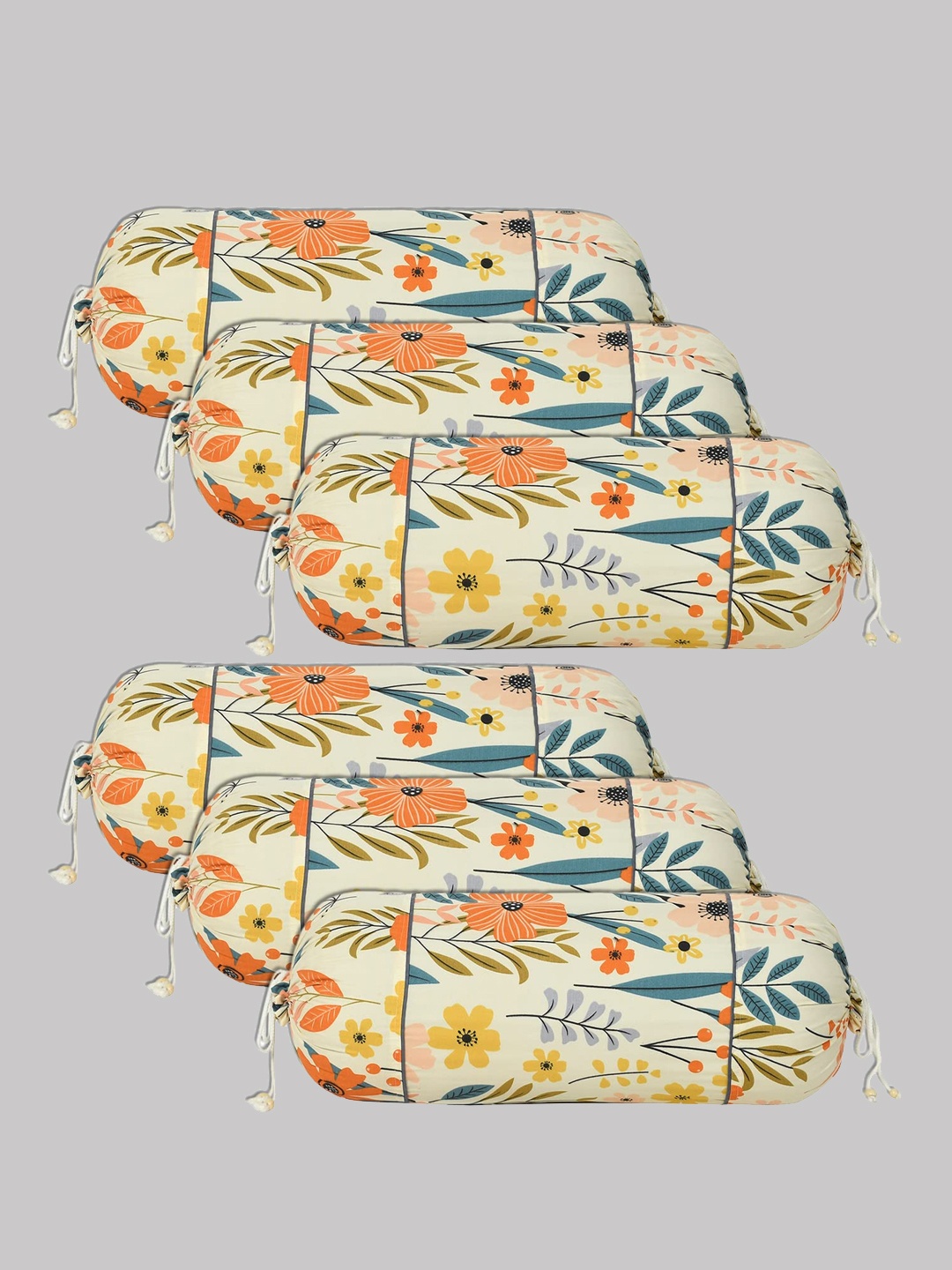 

Kuber Industries Set Of 6 Cream Floral Printed Cotton Bolster Covers