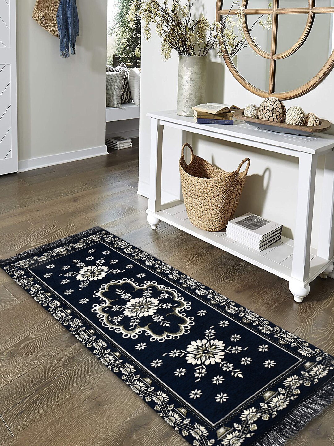 Kuber Industries Blue & White Flower Printed Bedside Runner