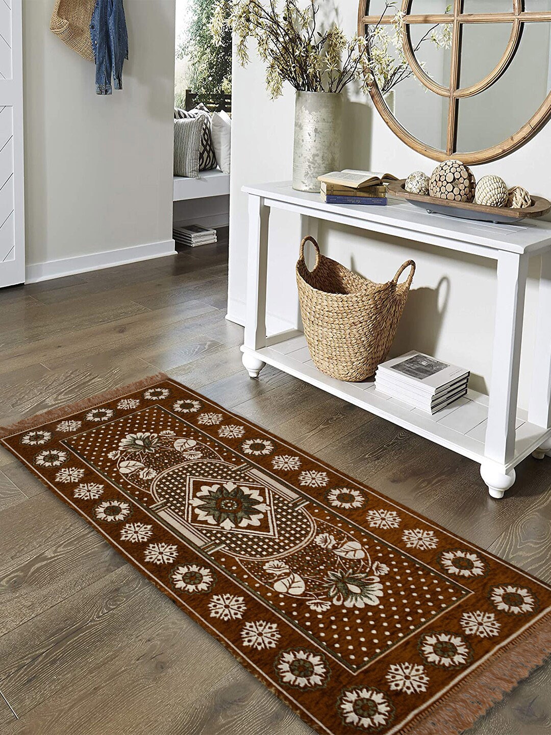 

Kuber Industries Golden Flower Printed Rug Bedside Runner, Gold