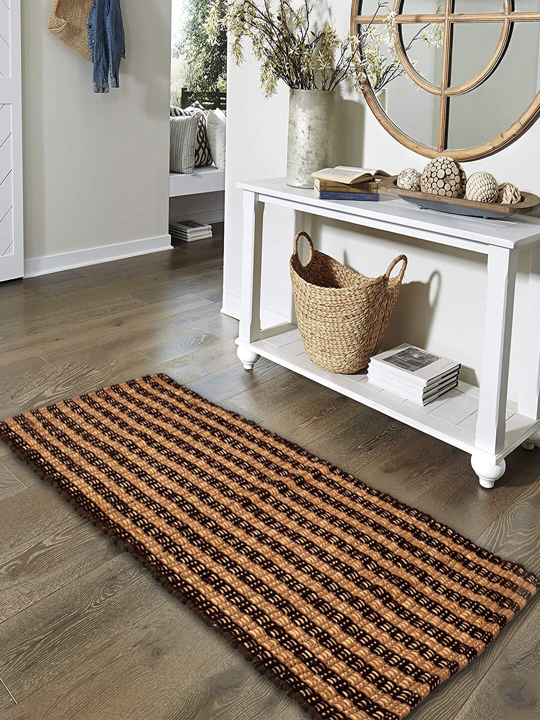 Kuber Industries Brown Striped Cotton Rug Bedside Runner