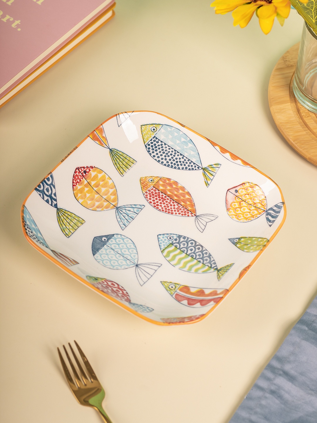

MARKET99 White & Yellow Dishwasher And Microwave Safe Printed Ceramic Glossy Plate