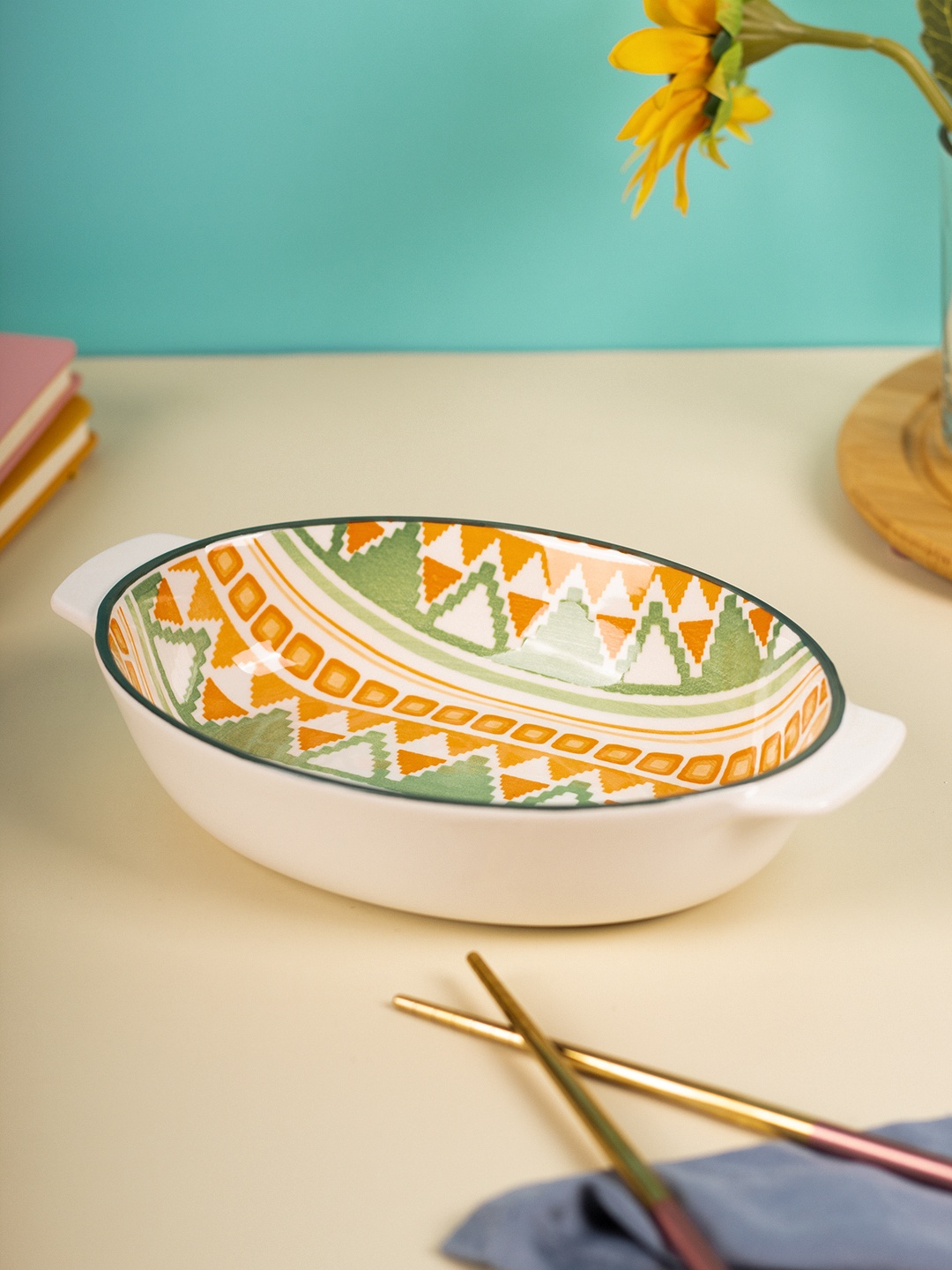 

MARKET99 Orange & White Dishwasher And Microwave Safe Hand Painted Ceramic Glossy Bowl