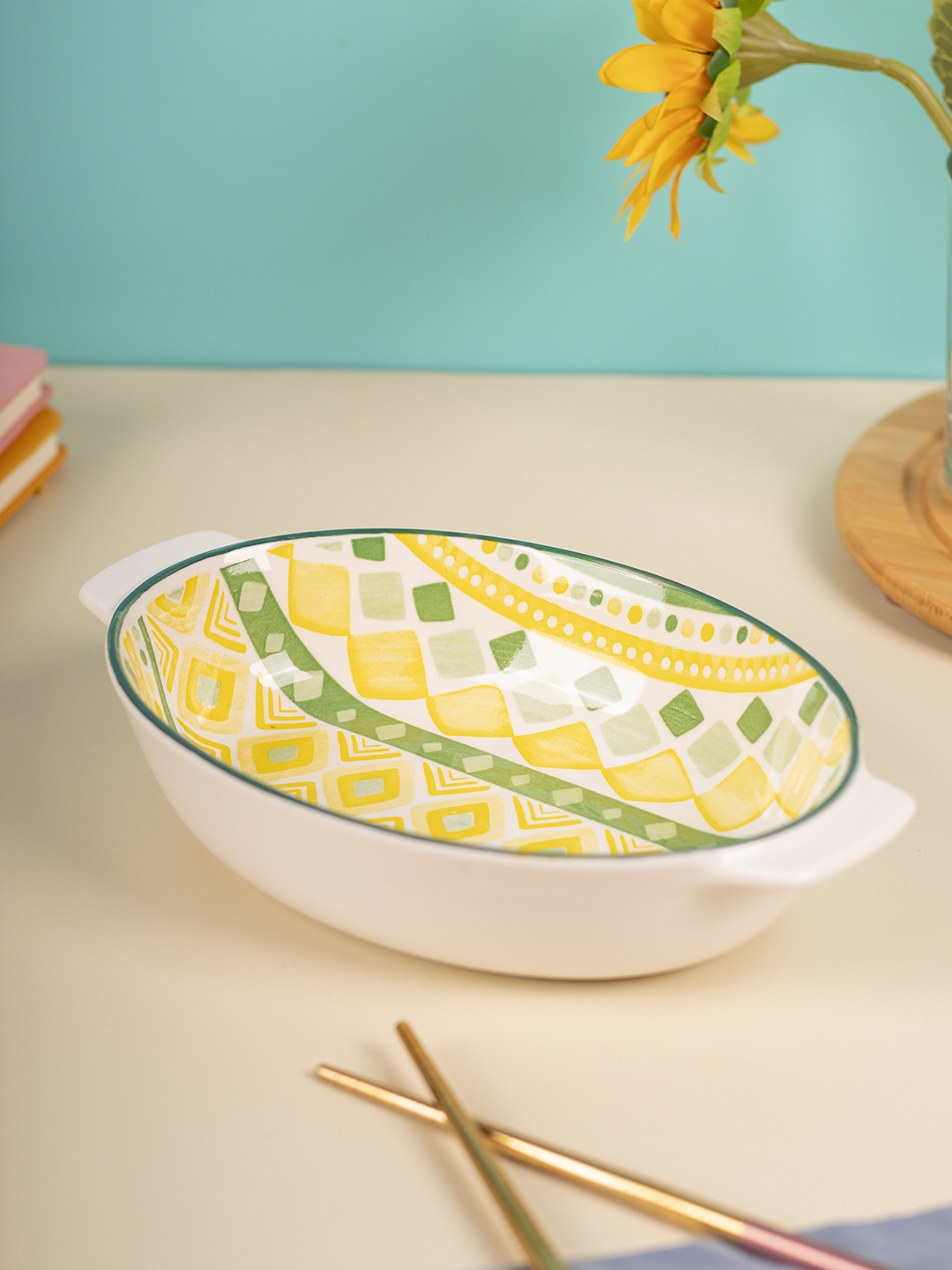 

MARKET99 Dishwasher And Microwave Safe Printed Ceramic Glossy Bowl 500 ML, Yellow