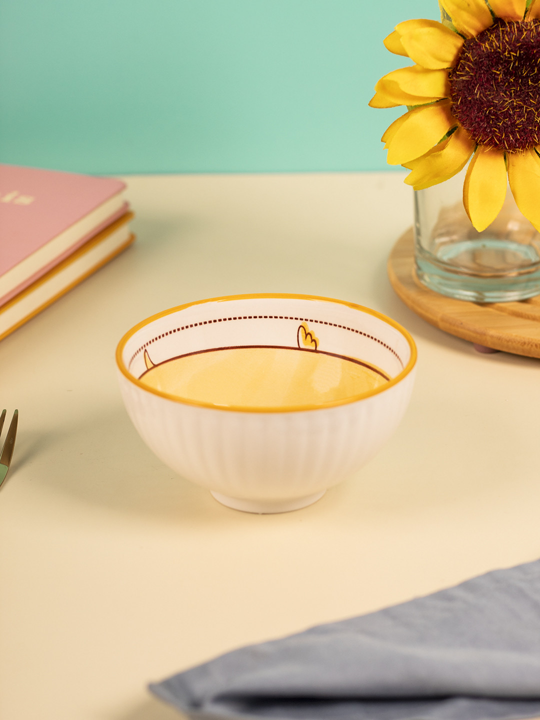 

MARKET99 Yellow & White Dishwasher And Microwave Safe Printed Ceramic Glossy Bowls 300 ML