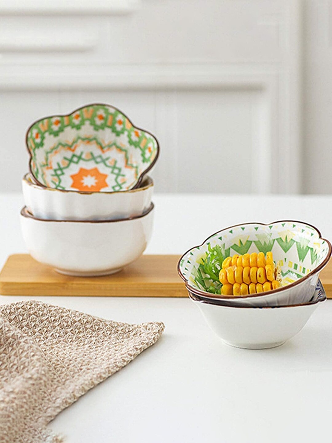 

MARKET99 Green & White Set Of 2 Dishwasher And Microwave Safe Printed Ceramic Glossy Bowls