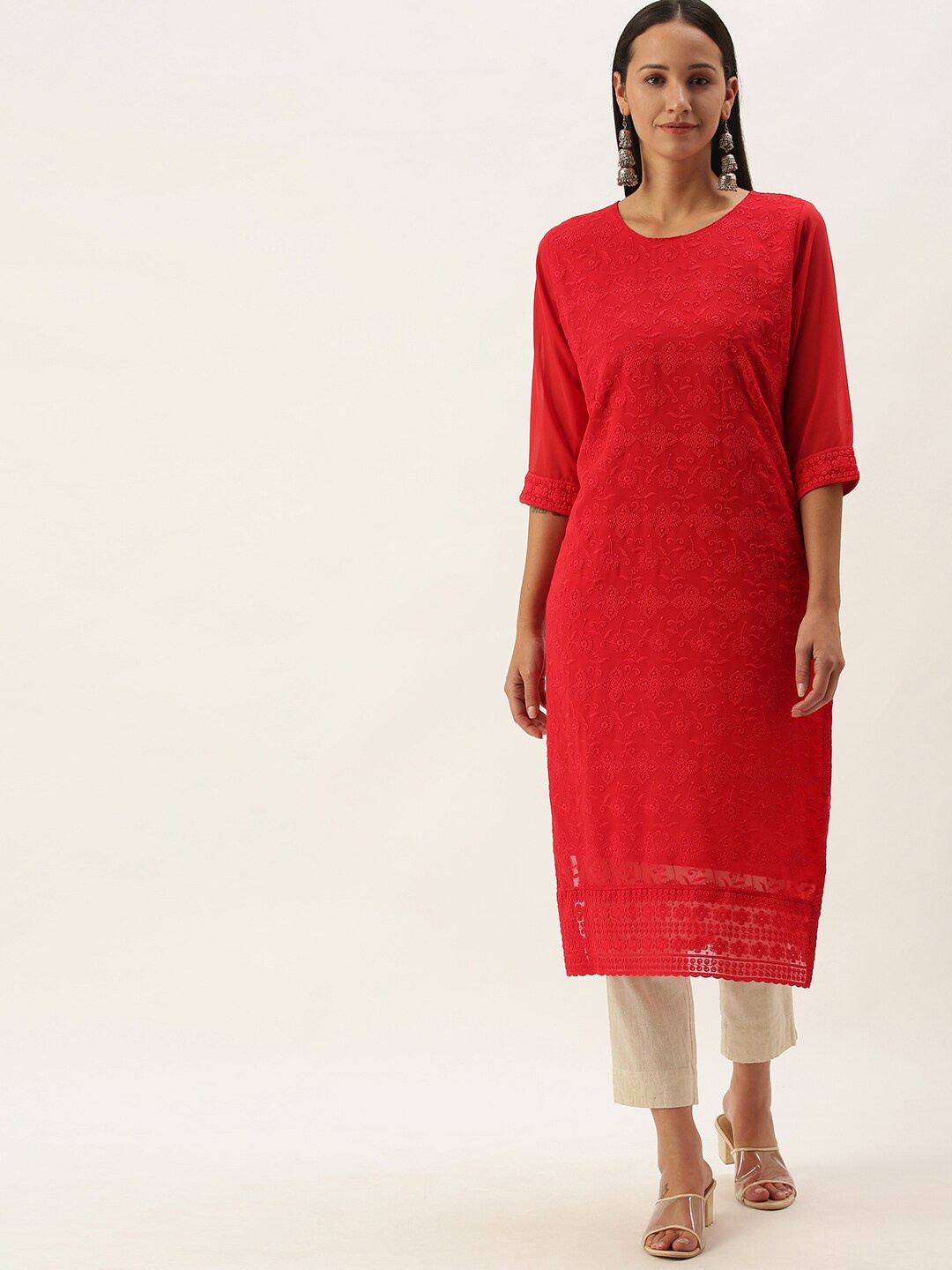 

SWAGG INDIA Women Red Floral Embroidered Chikankari Georgette Kurta