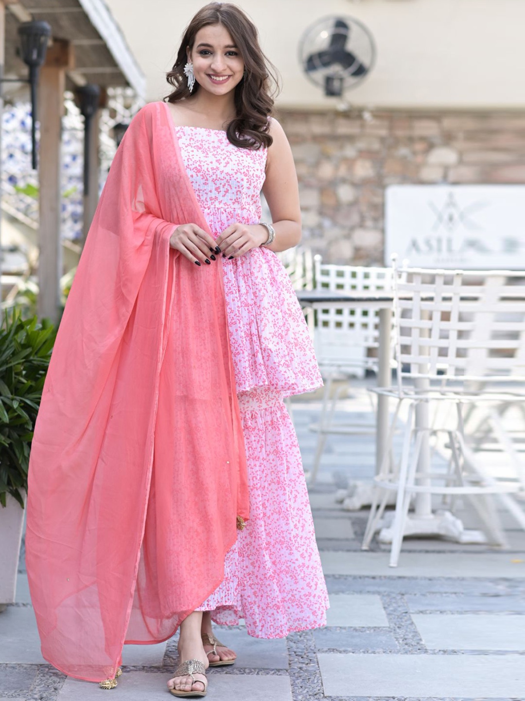 

Rangpur Women Pink Printed Kurta with Palazzos & With Dupatta