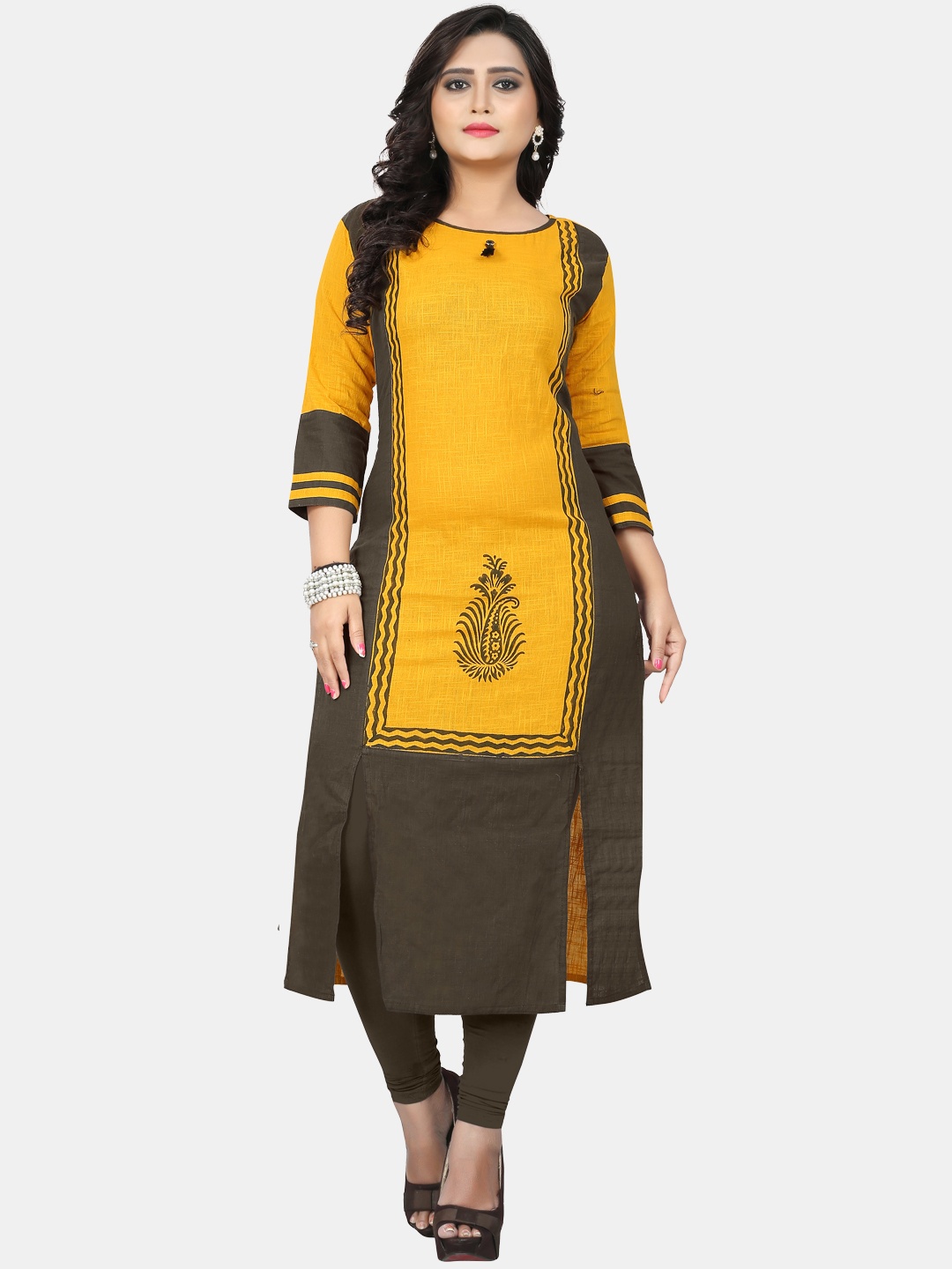 

KALINI Women Yellow Ethnic Motifs Colourblocked Kurta