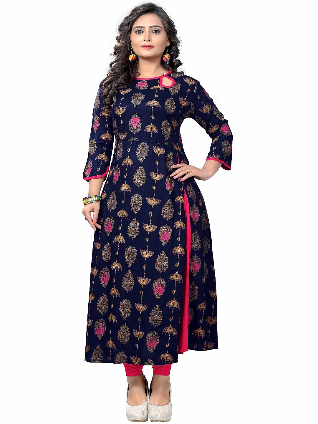 

Vbuyz Women Blue Ethnic Motifs Printed Keyhole Neck Flared Sleeves Anarkali Kurta