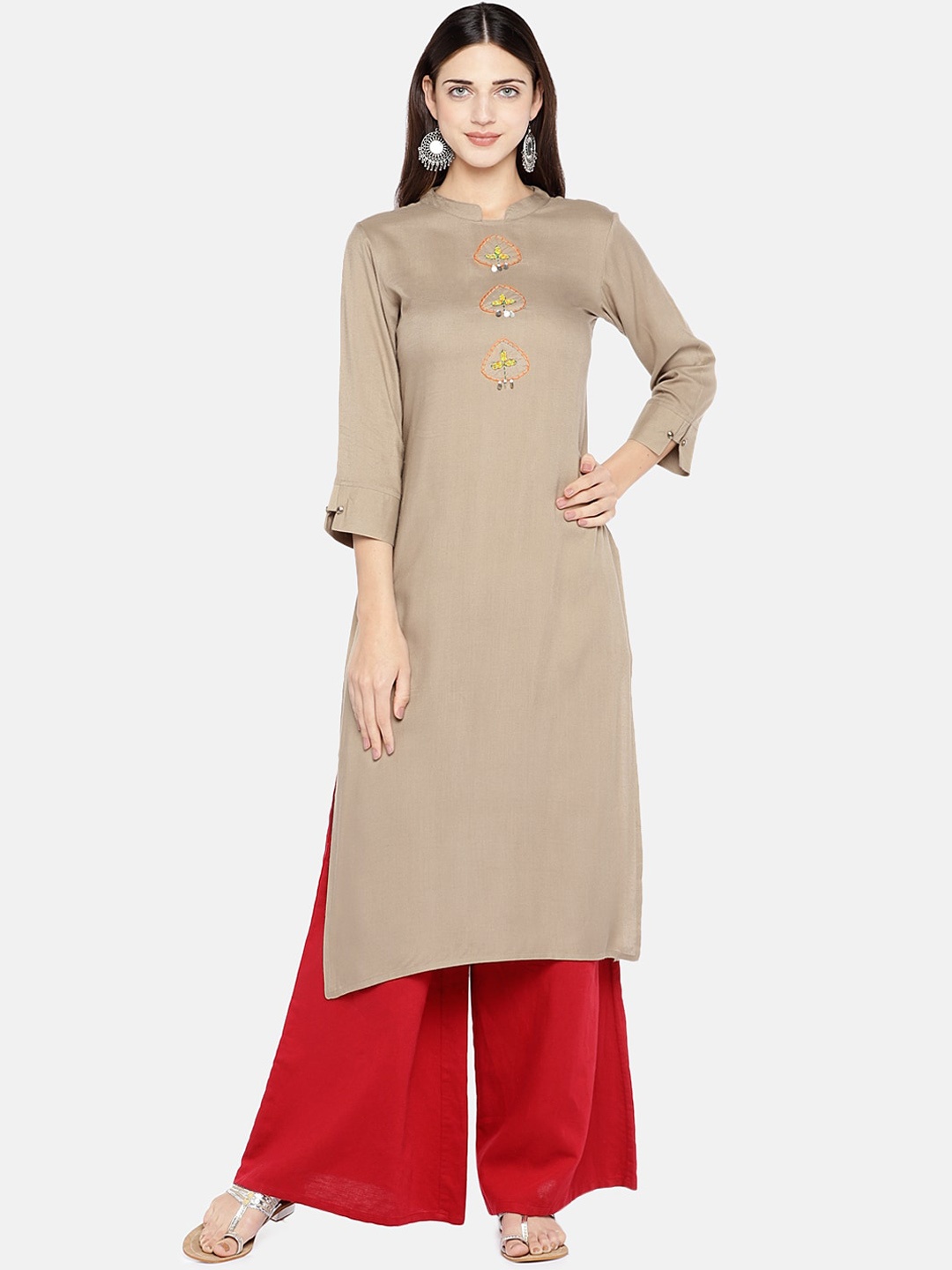 

KALINI Women Beige Band Collar Kurta
