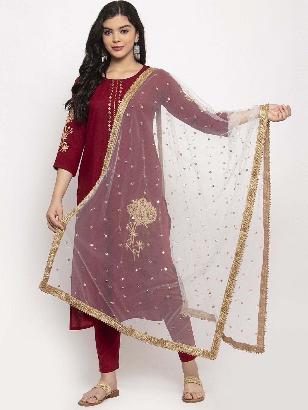 

Clora Creation Women White & Gold-Toned Embroidered Dupatta with Sequinned