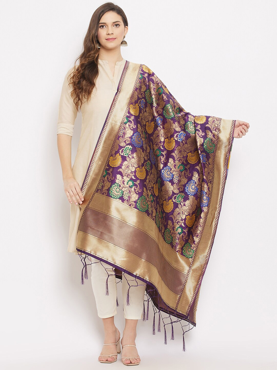 

Clora Creation Women Purple & Blue Floral Dupatta with Zari