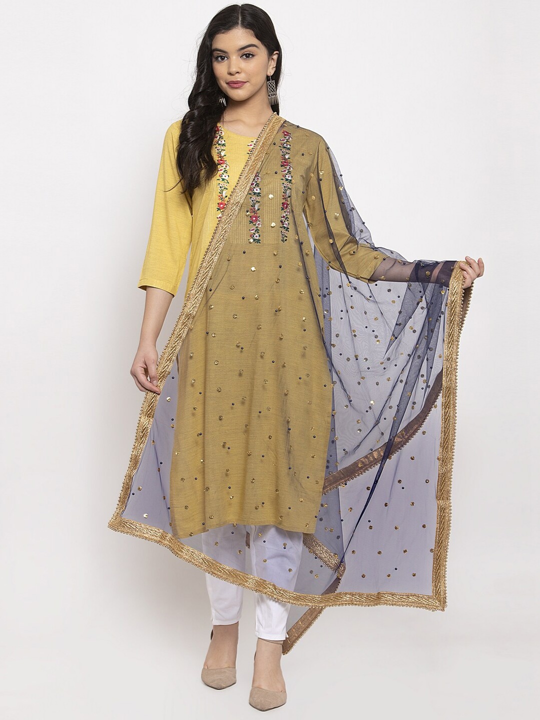 

Clora Creation Navy Blue & Gold-Toned Embroidered Dupatta with Sequinned