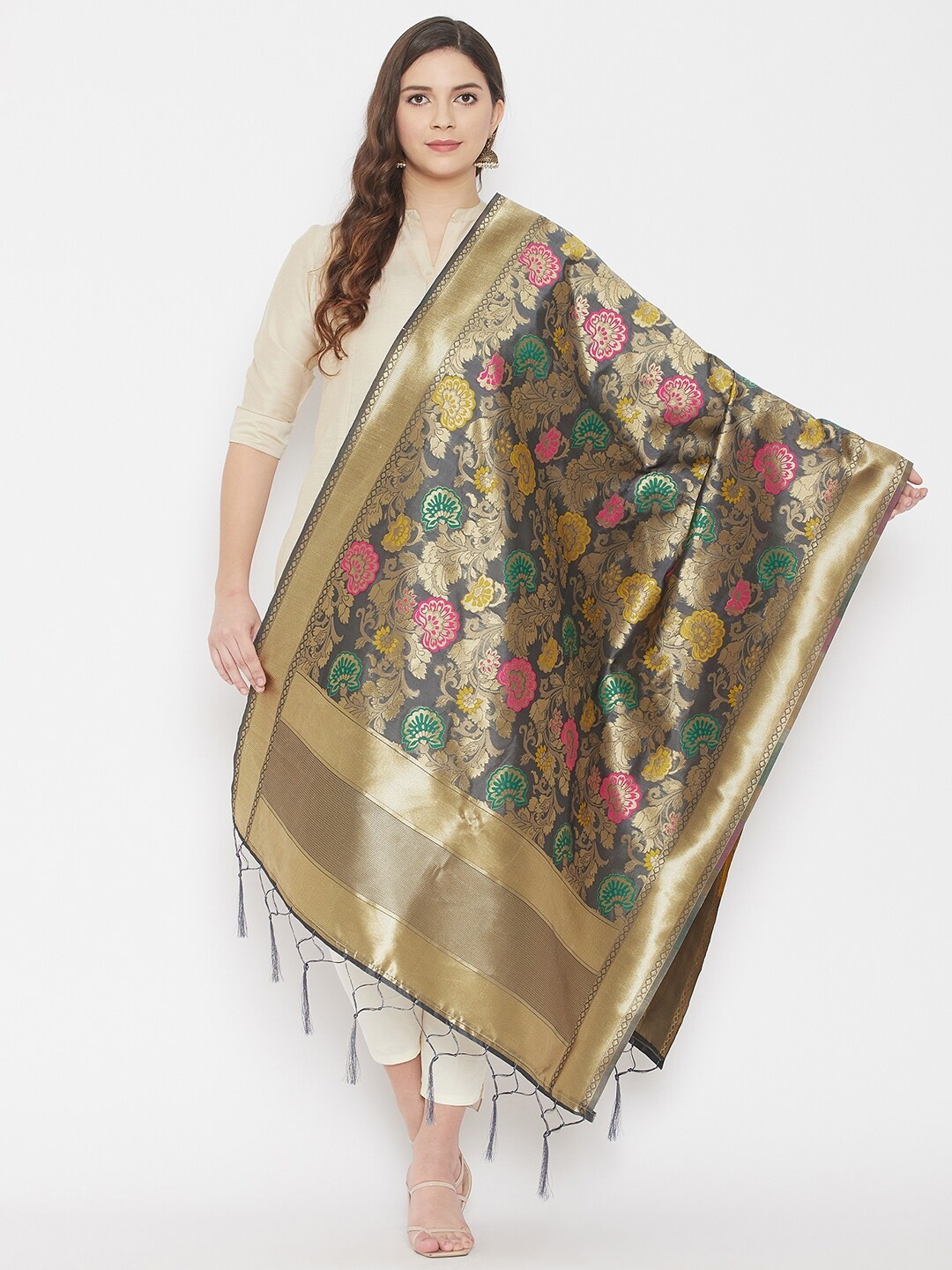

Clora Creation Grey & Gold-Toned Woven Design Dupatta