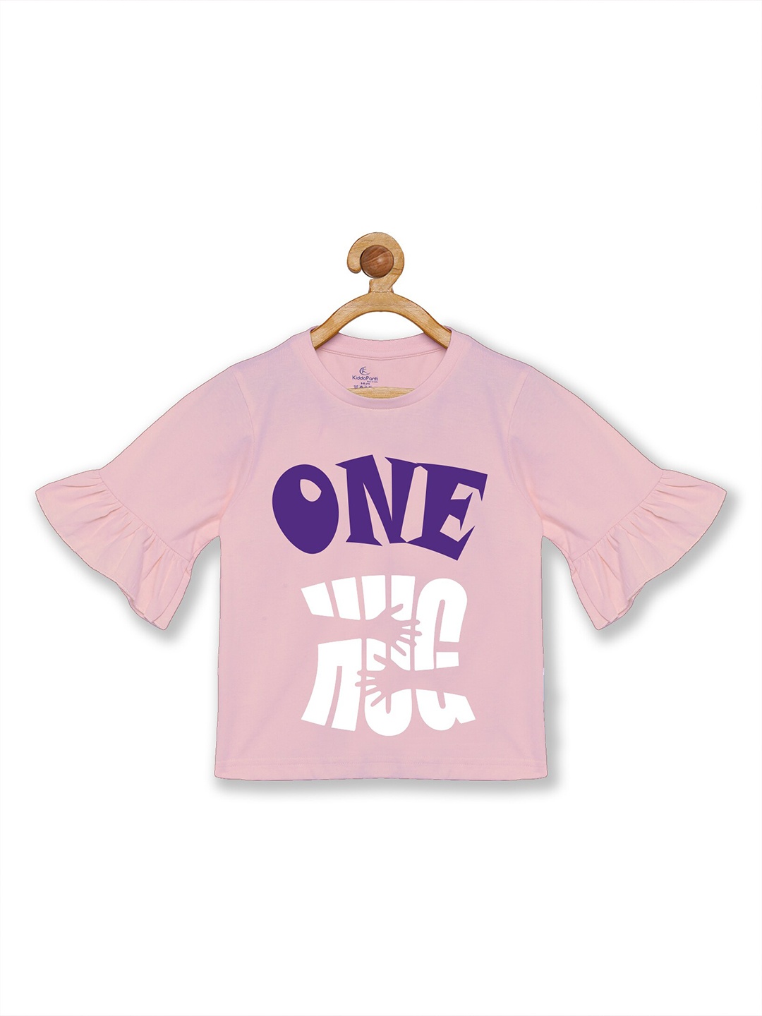 

KiddoPanti Girls Pink Typography Printed Petal Sleeves T-shirt