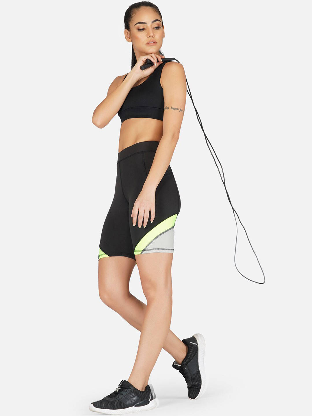 

IMPERATIVE Women Black & Grey Colourblocked Dry Fit Slim-Fit Biking Shorts