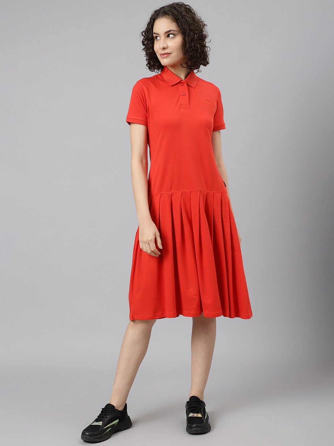 

Beverly Hills Polo Club Women Red Solid Pleated Shirt Dress