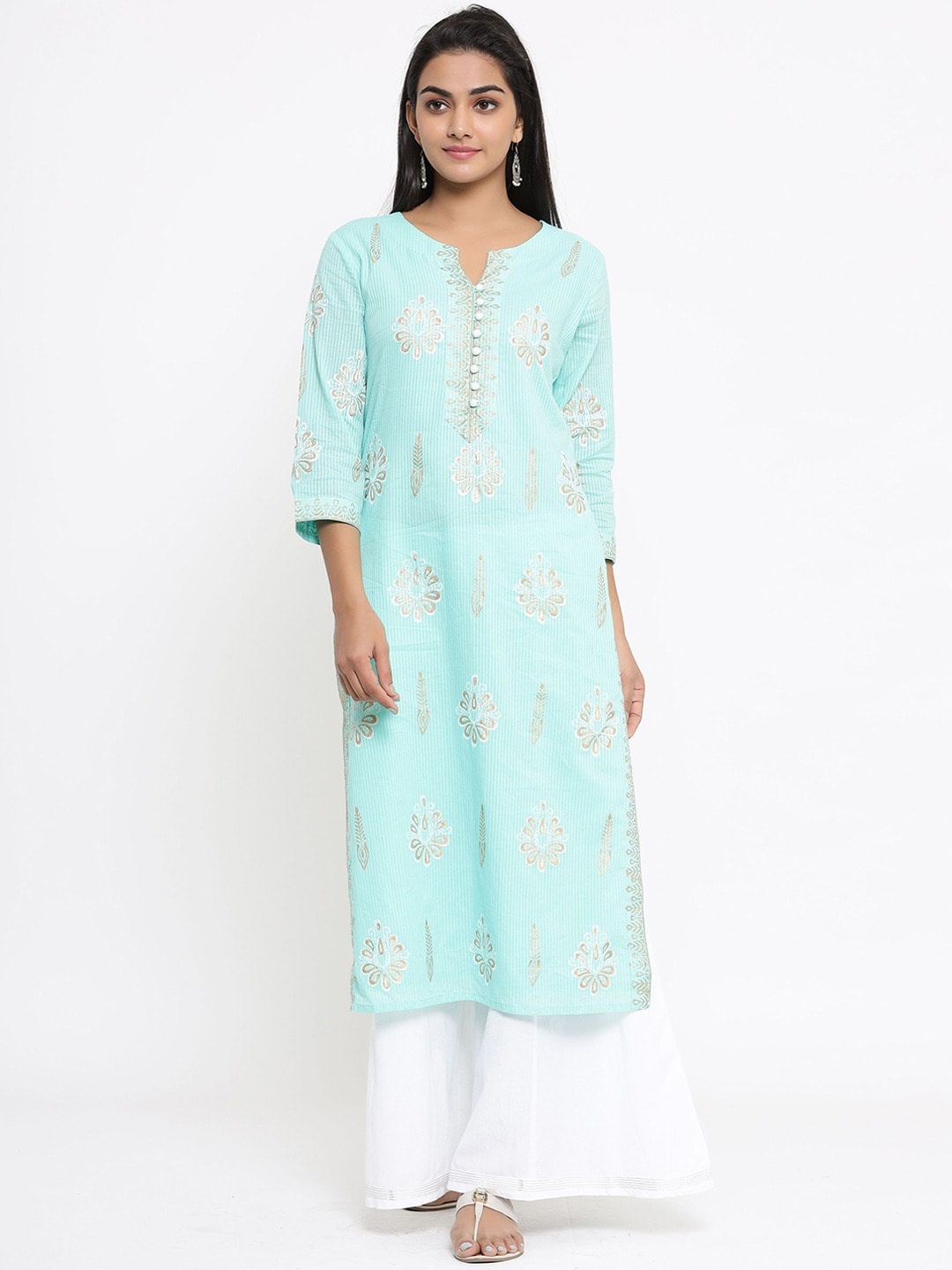 

fabGLOBAL Women Blue Ethnic Motifs Printed Pure Cotton Kurti with Palazzo
