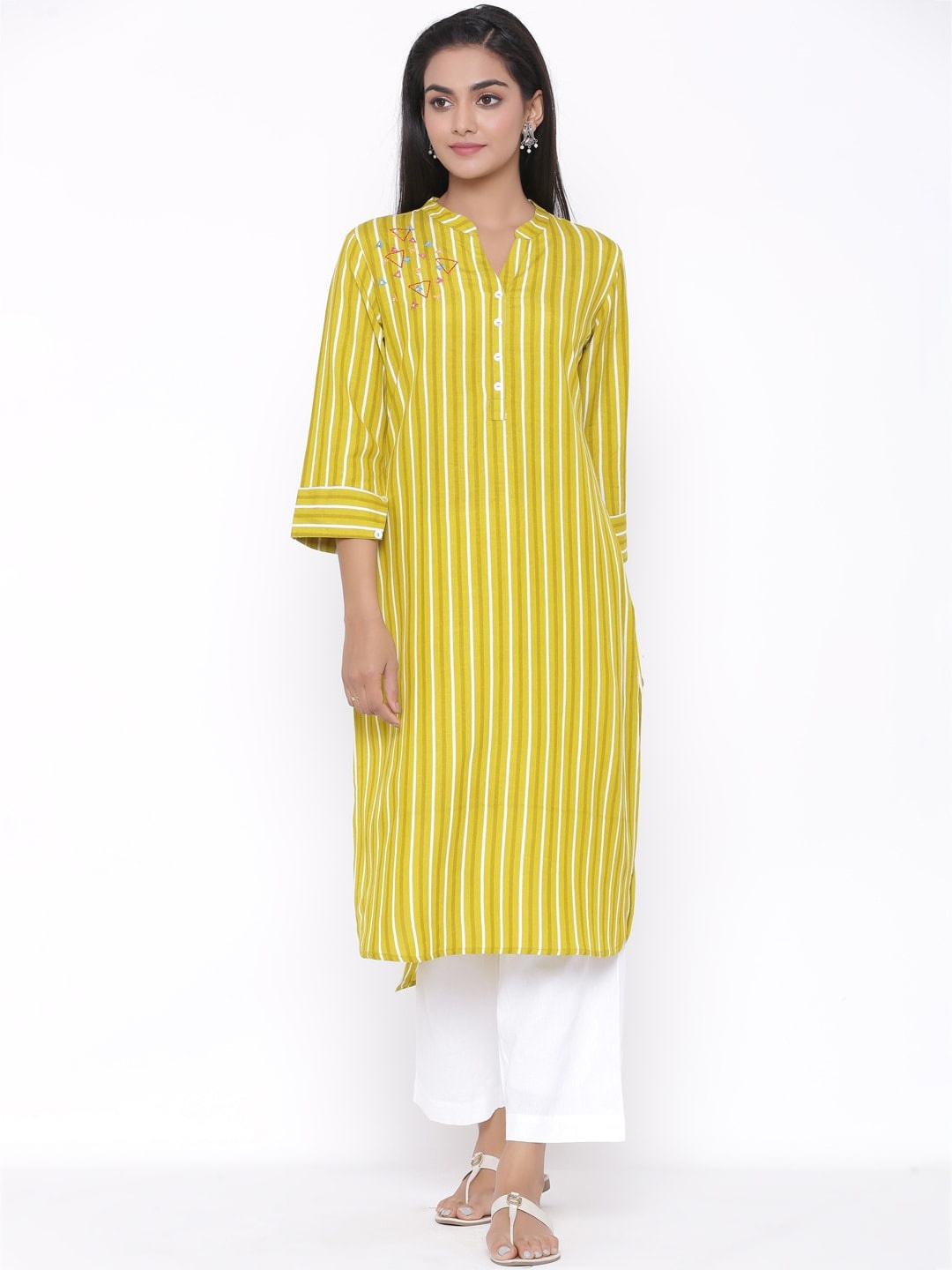 

fabGLOBAL Women Green & White Striped Pure Cotton Kurta with Trousers