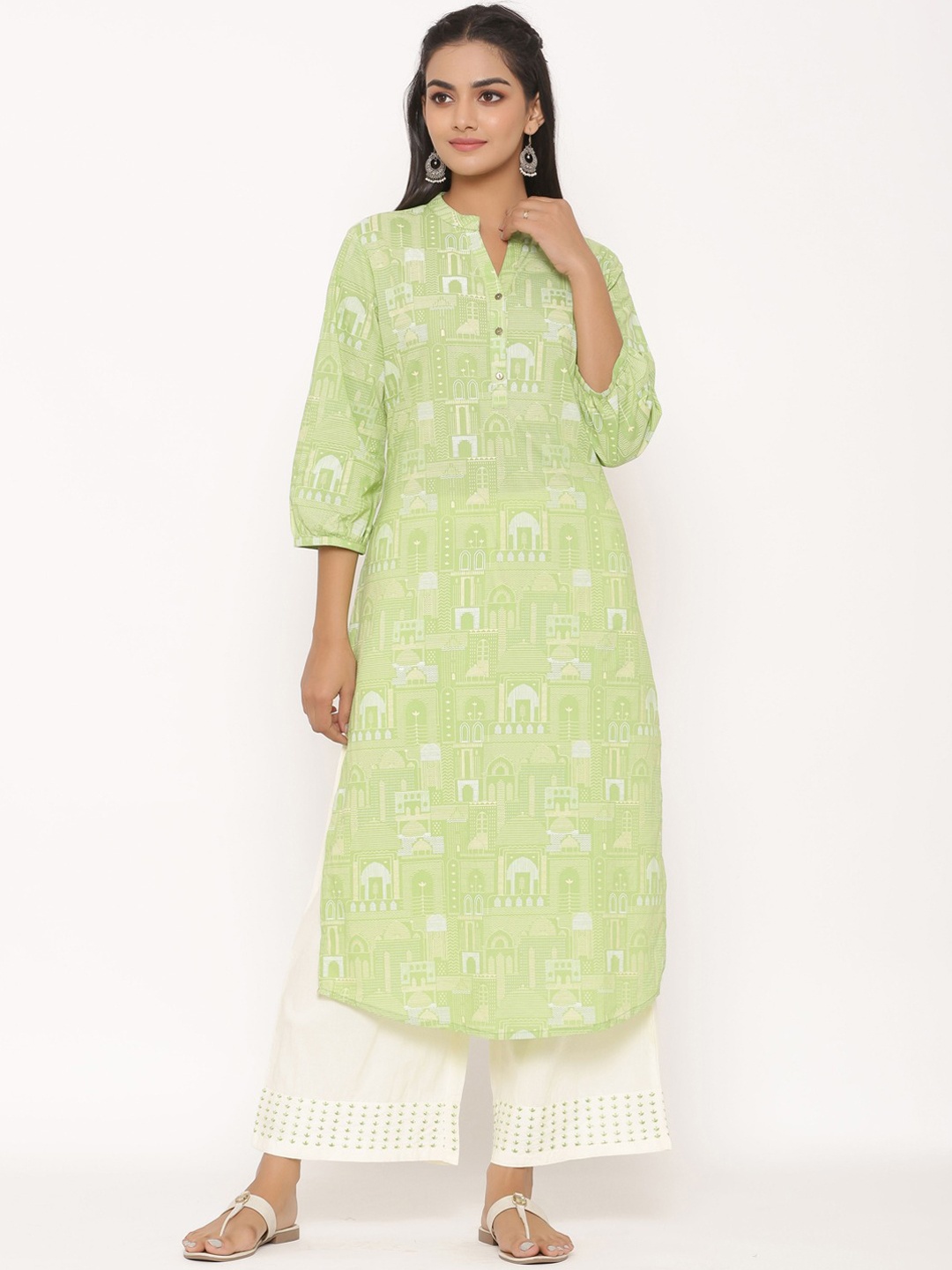 

fabGLOBAL Women Green Ethnic Motifs Printed Pure Cotton Kurta with Palazzos