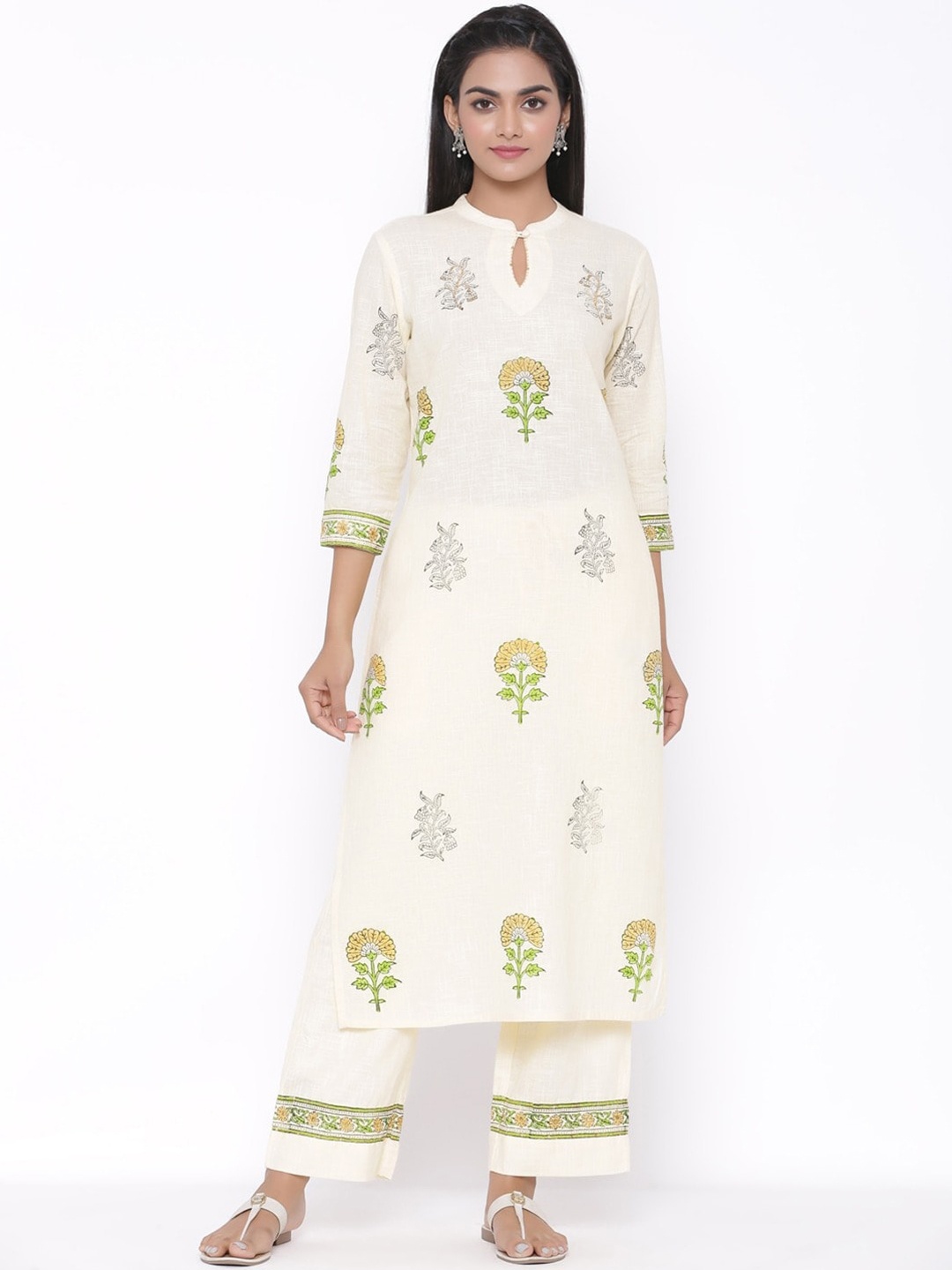 

fabGLOBAL Women Yellow Floral Printed Pure Cotton Kurta with Palazzos