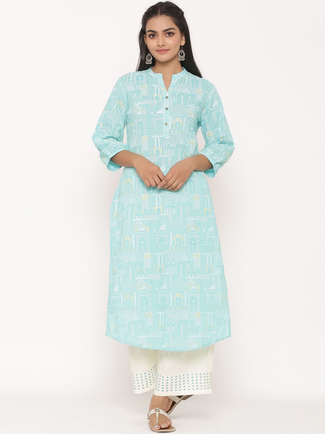 

fabGLOBAL Women Blue Printed Pure Cotton Kurta with Palazzo Set