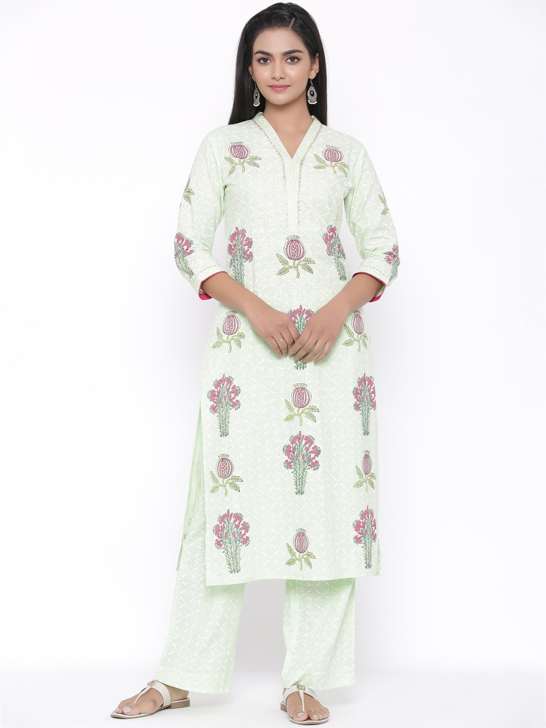 

fabGLOBAL Women Lime Green Floral Printed Pure Cotton Kurta with Palazzos & With Dupatta