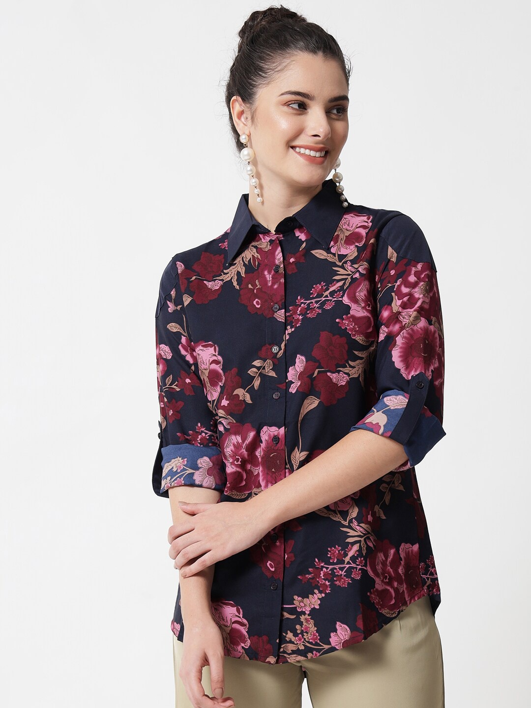 

MAXENCE Women Navy Blue Floral Printed Cotton Casual Shirt
